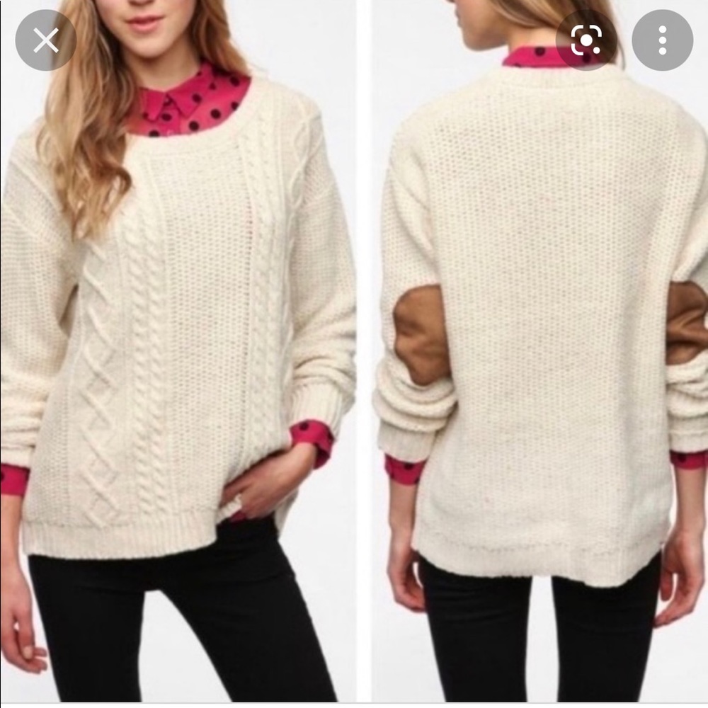 Cable Knit Elbow Patch Cream Sweater (Urban Outfitters)